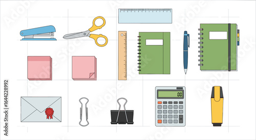 Illustration of various office and school supplies including stationery and writing implements on a grid background