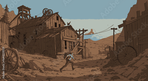 Lone figure runs through dusty old western mining town. Decaying wooden structures and rugged hills highlight an urgent historical pursuit.