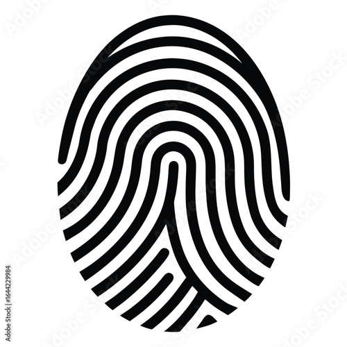 Black fingerprint graphic with white background and distinct ridges and valleys thumbprint identity