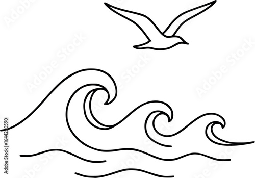 Ocean wave sketch. Minimalist line art with seagull and sea motion, vector illustration.