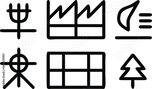 Abstract Geometric Icons Set With Factory And Tree