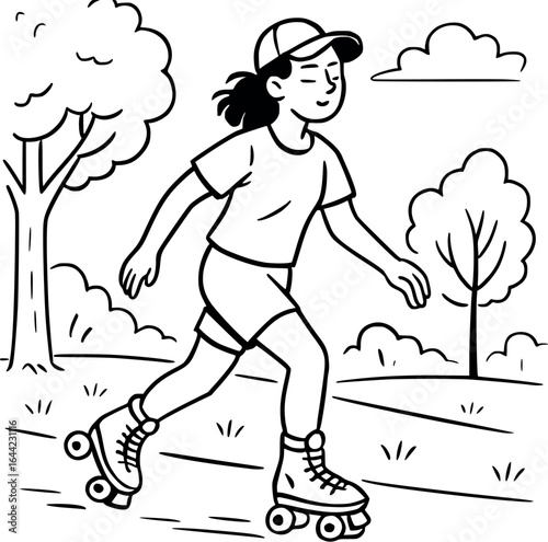 Roller skating in summer park – hand-drawn sketch vector illustration