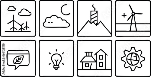 Collection of eight hand-drawn icons for eco-friendly themes