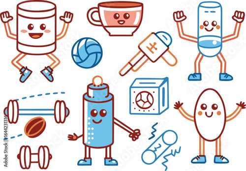 Kawaii fitness and health objects with faces exercise