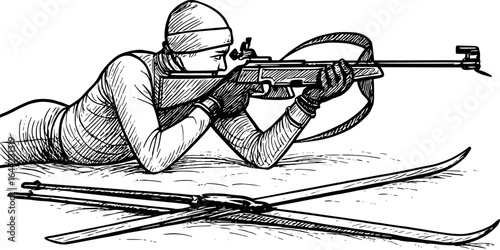 Biathlon athlete sketch with rifle and skis. Hand-drawn winter sport vector isolated on white.