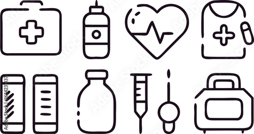 Medical Icons Set With First Aid Kit Heart And Syringe
