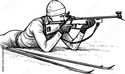 Biathlon athlete sketch with rifle and skis. Hand-drawn winter sport vector isolated on white.