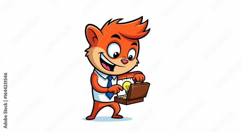 Fototapeta premium Cartoon character with business attire holding open briefcase revealing bright light bulb idea