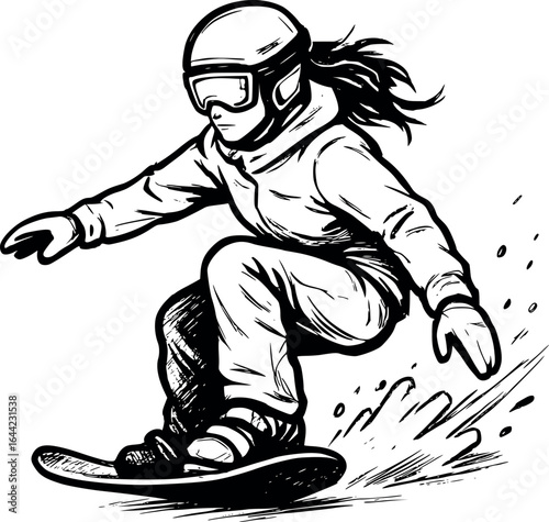 Female snowboarder sketch with helmet and goggles. Hand-drawn winter sport vector isolated on white.