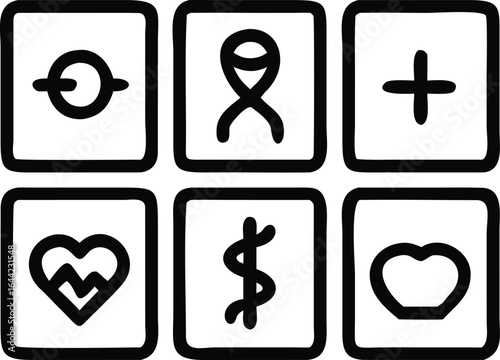 Set of six hand-drawn icons with simple symbols graphic