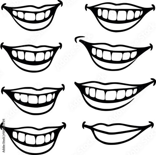 Smiling mouths sketch. Variety of happy expressions in minimalist line art.