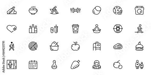 Obesity Prevention & Healthy Living Icon Bundle – Minimalist Line Art Nutrition, Exercise, Community Health, Wellness Challenges, Mental Health, and Public Awareness – Preventive Healthcare Vector Ico