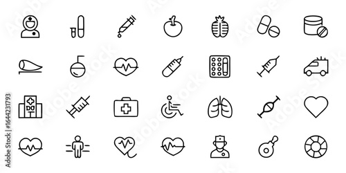 Medical Management of Obesity Icon Bundle – Minimalist Line Art Doctor, Diagnosis, Treatment, Monitoring, Medication, Therapy, and Patient Care – Clinical Health Vector Icons