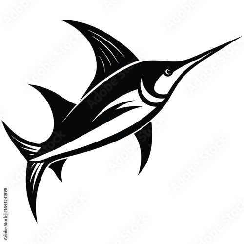 Black Silhouette of a Swordfish with Fins and Tail Visible on a White Background marine life