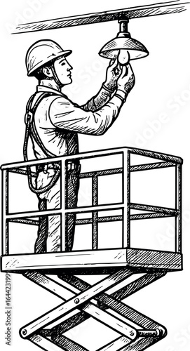 Technician on scissor lift sketch with harness. Hand-drawn elevated maintenance vector isolated on white.