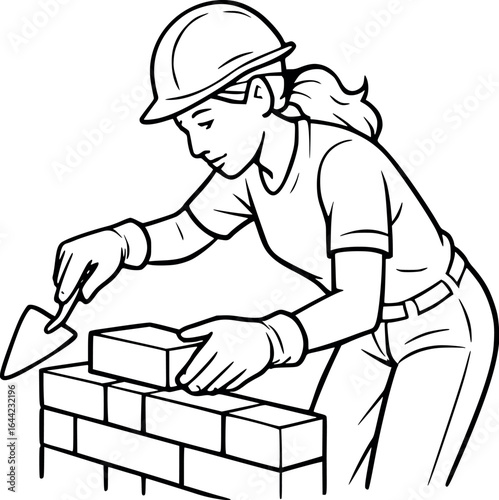 Female bricklayer sketch with trowel. Hand-drawn construction scene vector isolated on white.