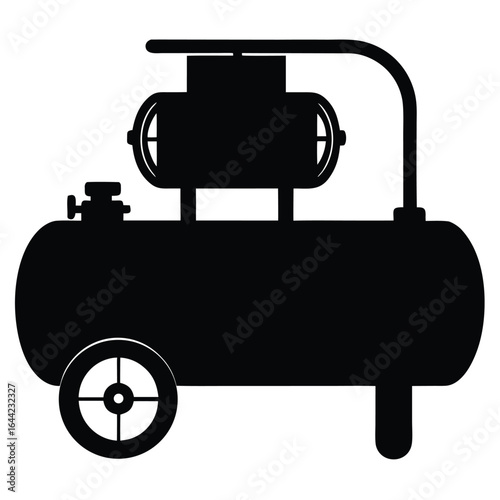 Black silhouette of an air compressor with wheels and a tank on a white background vector illustration