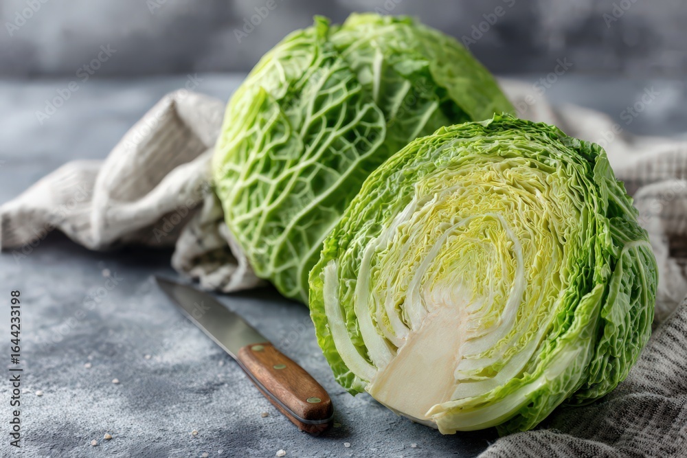 Obraz premium Savoy Cabbage close-up: A fresh, vibrant Savoy cabbage, halved to reveal its textured interior, lies beside a sharp knife on a textured surface, a testament to natural produce.