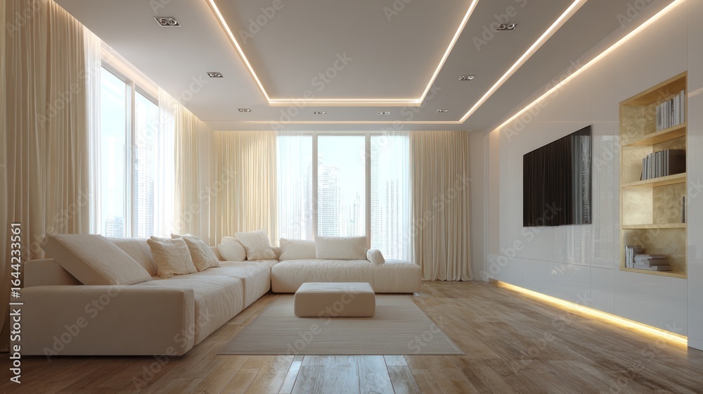 Fototapeta premium Modern living room with off-white decor, hardwood floors, and indirect lighting