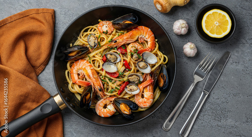 delicious pasta with seafood in frying pan near cutlery on textured grey background