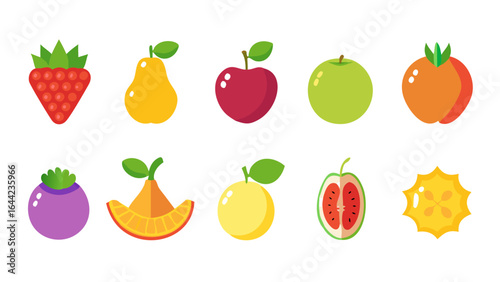 A colorful collection of various cartoon fruits including apples pears and citrus fruits arranged nicely