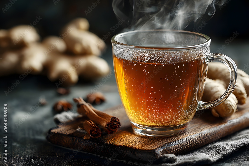 Hot Ginger tea in a glass on wood background.Hot drink . Copy space. Hot Ginger tea in a glass on wood background.Hot drink . Copy space.