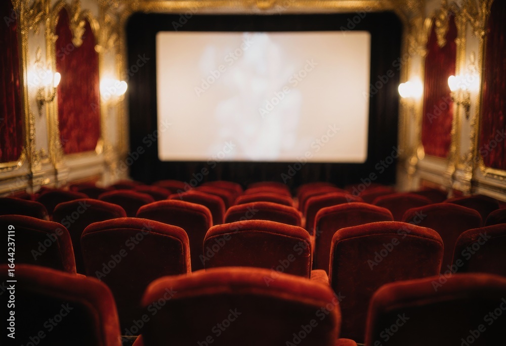 Fototapeta premium Elegant movie theater auditorium featuring comfortable red seating and a large projection screen