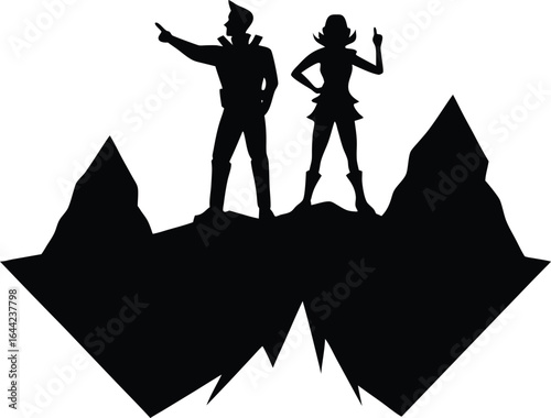 Adventure Duo Posing on Ledge Silhouette | Hiking Adventure Scene Vector