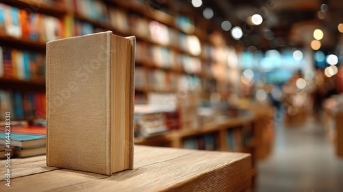 Empty book on wooden table in a cozy bookstore filled with colorful shelves and soft lighting