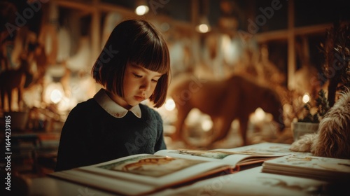 Young girl reading a book surrounded by taxidermy animals in a cozy museum at night