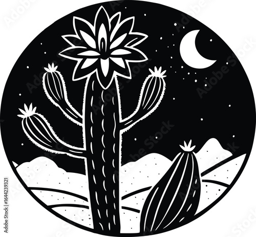 Cactus Bloom in Desert Silhouette | Desert Cactus Flower Vector