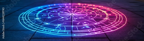 Glowing Zodiac Wheel Neon Astrology Chart on Concrete, horoscope , stars