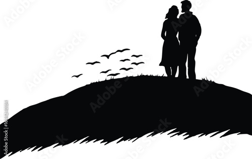 Couple Watching Sunrise on Hill Silhouette | Romantic Sunrise Vector