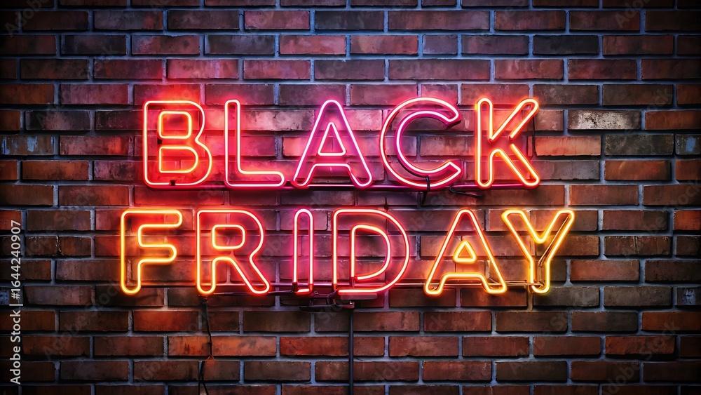 Obraz premium Black friday neon sign glowing on a brick wall, representing a major sale, retail event, and holiday shopping season