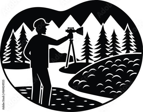 Nature Vlogger Filming Stream Silhouette | Travel Vlog Vector