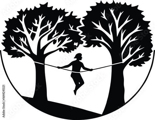 Person Slacklining between Trees Silhouette | Slackline Sport Vector
