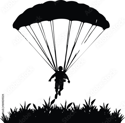 Parachuter Landing in Meadow Silhouette | Parachute Landing Vector