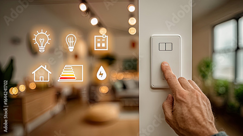 Hand switching home light with energy efficiency icons and smart house control, modern. Generated with AI