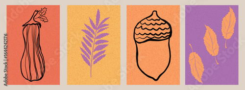 Minimalist Autumn illustration with Pumpkin, Leaf, Acorn, and foliage in warm orange, purple, and beige tones for seasonal celebrations.