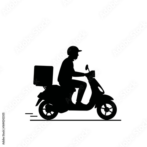 Silhouette of a delivery man on a scooter with a delivery box representing fast and efficient service on a white