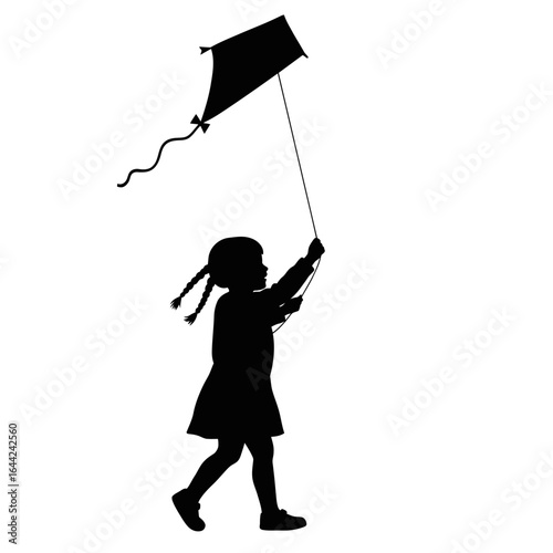 Silhouette of a child playing with kite clean flat vector white background"