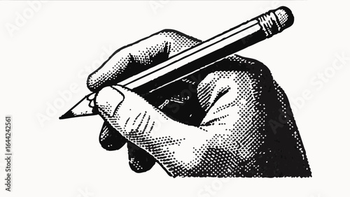 Human hand holding a pencil, vintage engraving style, isolated on white, SVG clip art. Black and white vector illustration. 