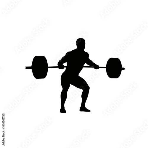 Silhouette of a weightlifter lifting barbell clean flat vector white background"