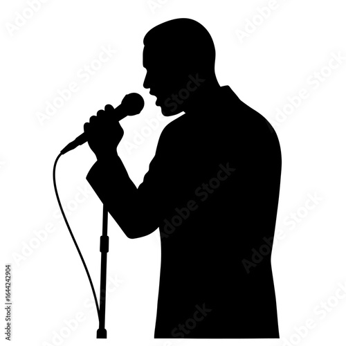 Silhouette of a singer with microphone clean flat vector white background"