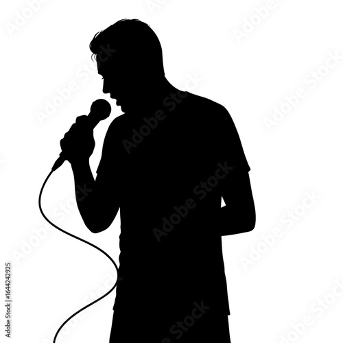 Silhouette of a singer with microphone clean flat vector white background"