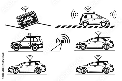 Vector art of autonomous car icons depicting self driving vehicle technology isolated on white background