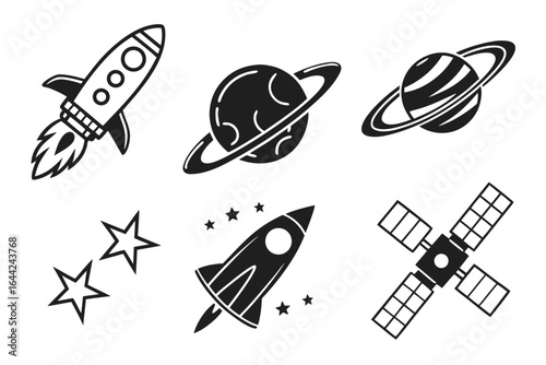 Vector art of space exploration vector icons of rocket, planet, satellite isolated on white background