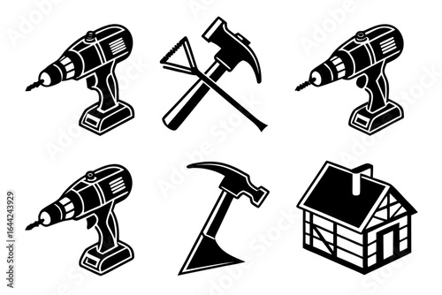 Vector art of set of carpentry tools and a house isolated on white background