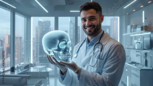 Doctor holds 3D skull model