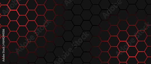 Black hexagon grid pattern on red background, bright light coming from below. Technology, connection and data concept. High resolution full frame abstract and modern background with copy space.